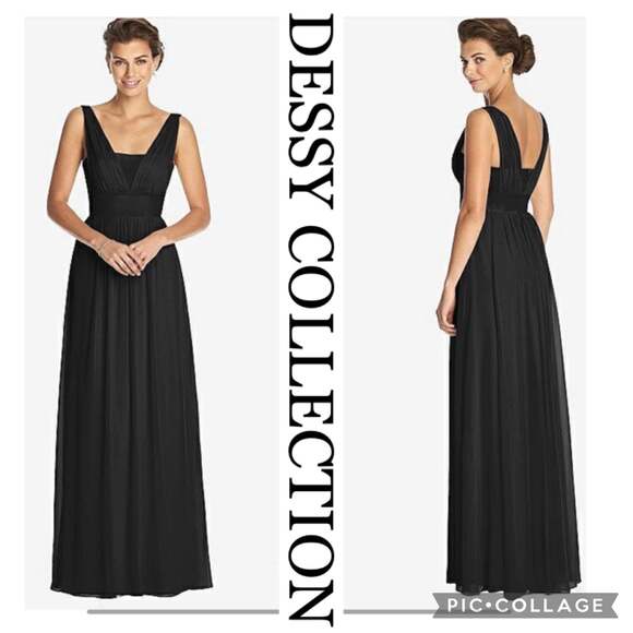 Dessy Collection lux chiffon black dress, V-neck on the front & back size 6 - Picture 1 of 12